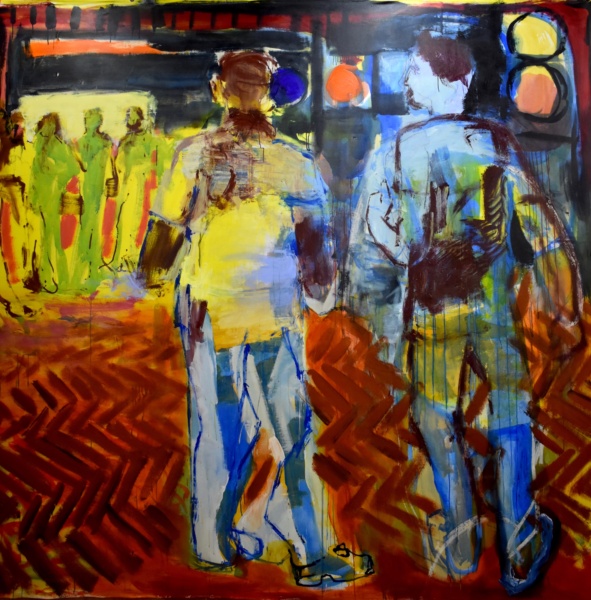 <em>Nightclub 1 (Saturday afternoon Northern Soul)</em>, acrylic, oilbar, and charcoal on canvas fitted with eyelets, 287 x 300 cm, 2022 by Andy Parsons.