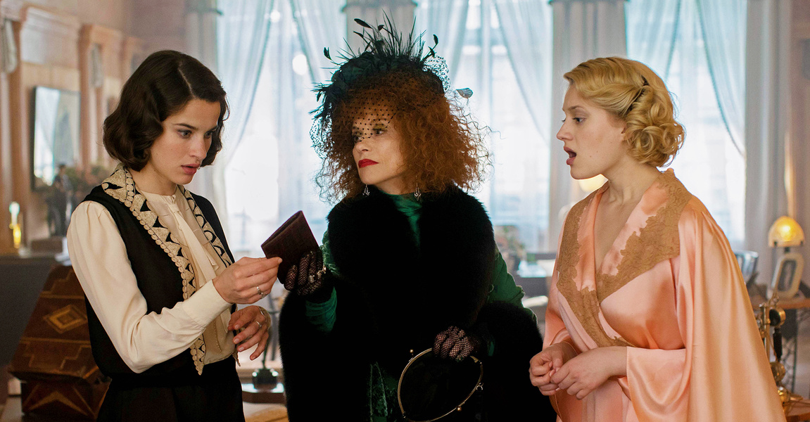 Rebecca Marder, Isabelle Huppert, and Nadia Tereszkiewicz in The Crime is Mine, courtesy of Music Box Films.