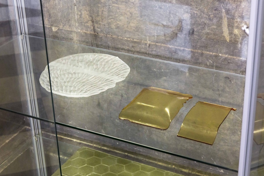 Marie Farrington, detail of <em>Spill, slump sequence (x)</em>, 2023, slumped, cast and acid-etched glass, from the exhibition <em>Glossaries for Forwardness</em>, Trinity College Dublin, curated by Rachel Botha. Photo by Kasia Kaminska.