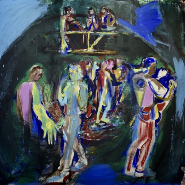 <em>Nightclub,</em> acrylic and charcoal on canvas fitted with eyelets, 287 x 313 cm, 2023, by Andy Parsons.