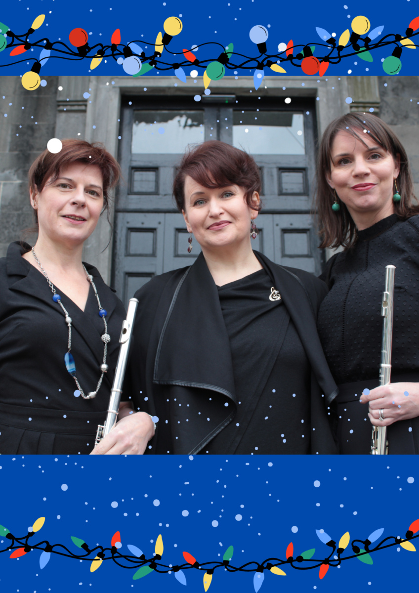 Three female musicians dressed in black holding flutes