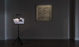 Dance… for Paul Rego, 2023 sound recording, music stand, Carole Nelson.Untitled, 2022			ink on paper, Gerda Teljeur at The Dock Gallery One